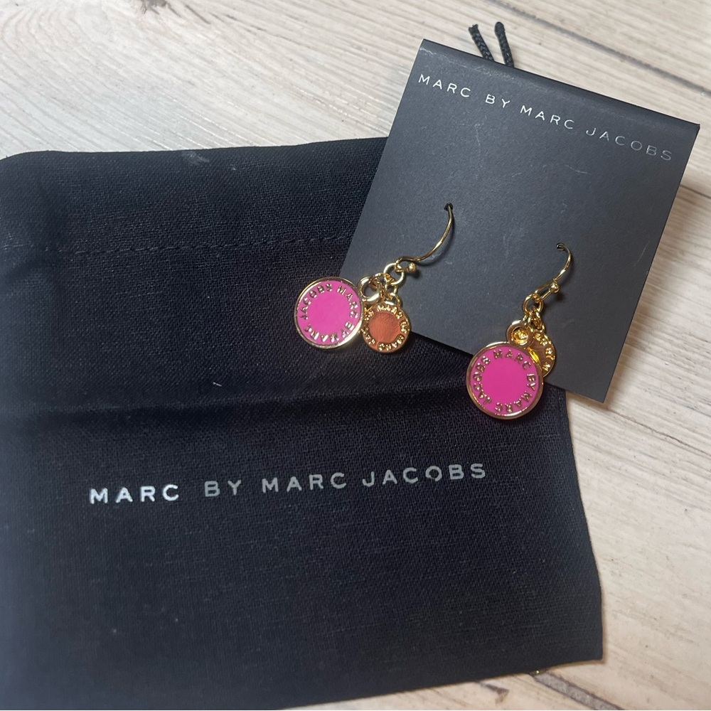 Marc by Marc Jacobs Pink and Gold Round Drop Dangle Earrings & Dust Bag. NWT.
